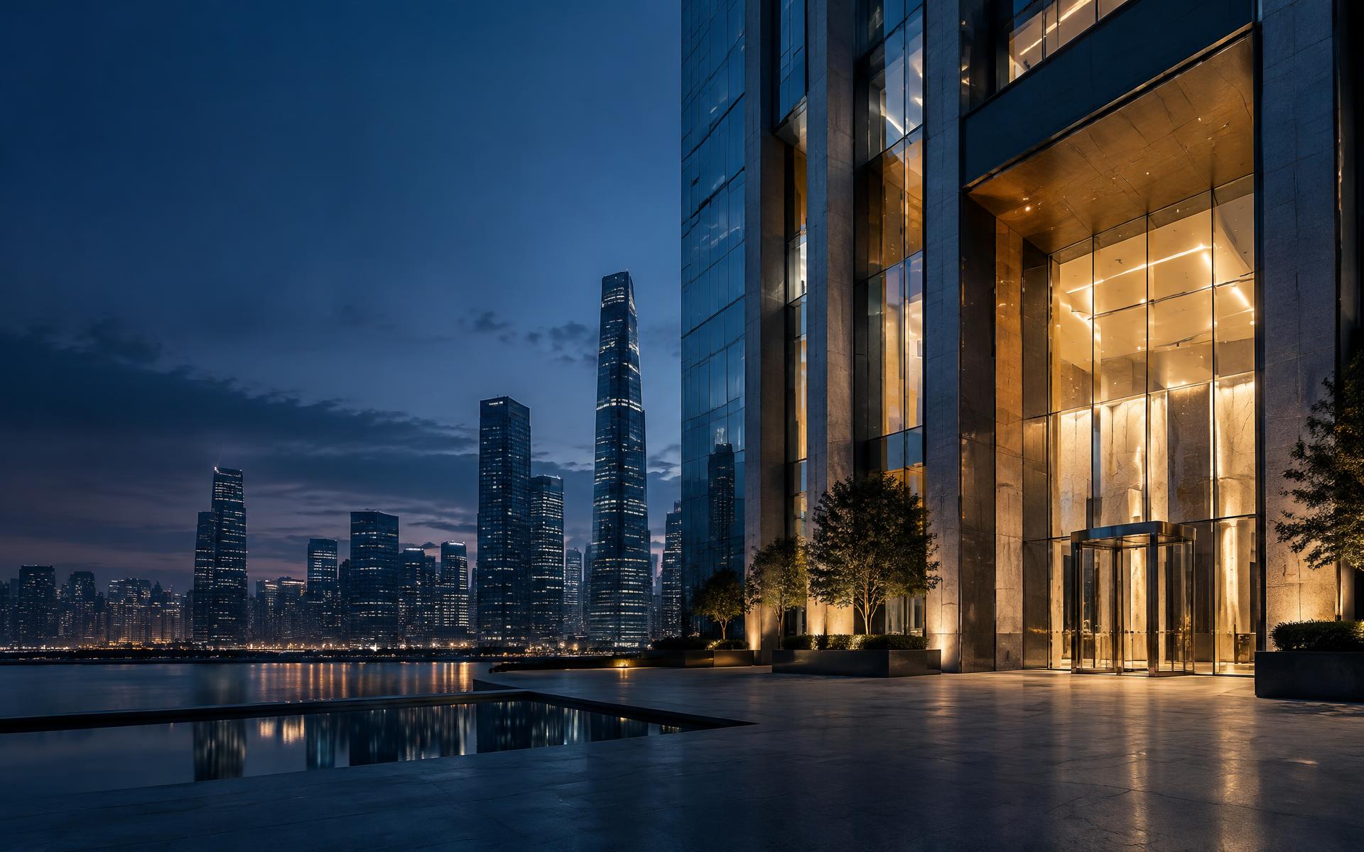 Modern international business district at dusk